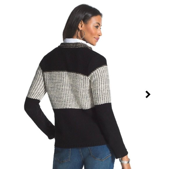 Chico's 1 Women's Arlene Cardigan Sweater black beige Cotton Size Medium Fringe - Picture 8 of 9